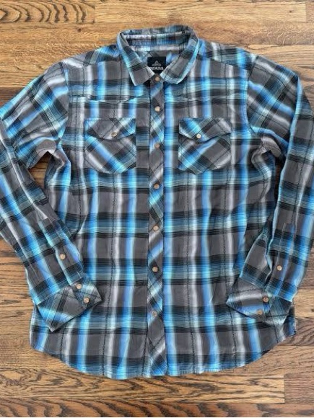 Prana Men's Gray and Blue Plaid Button-Down Shirt